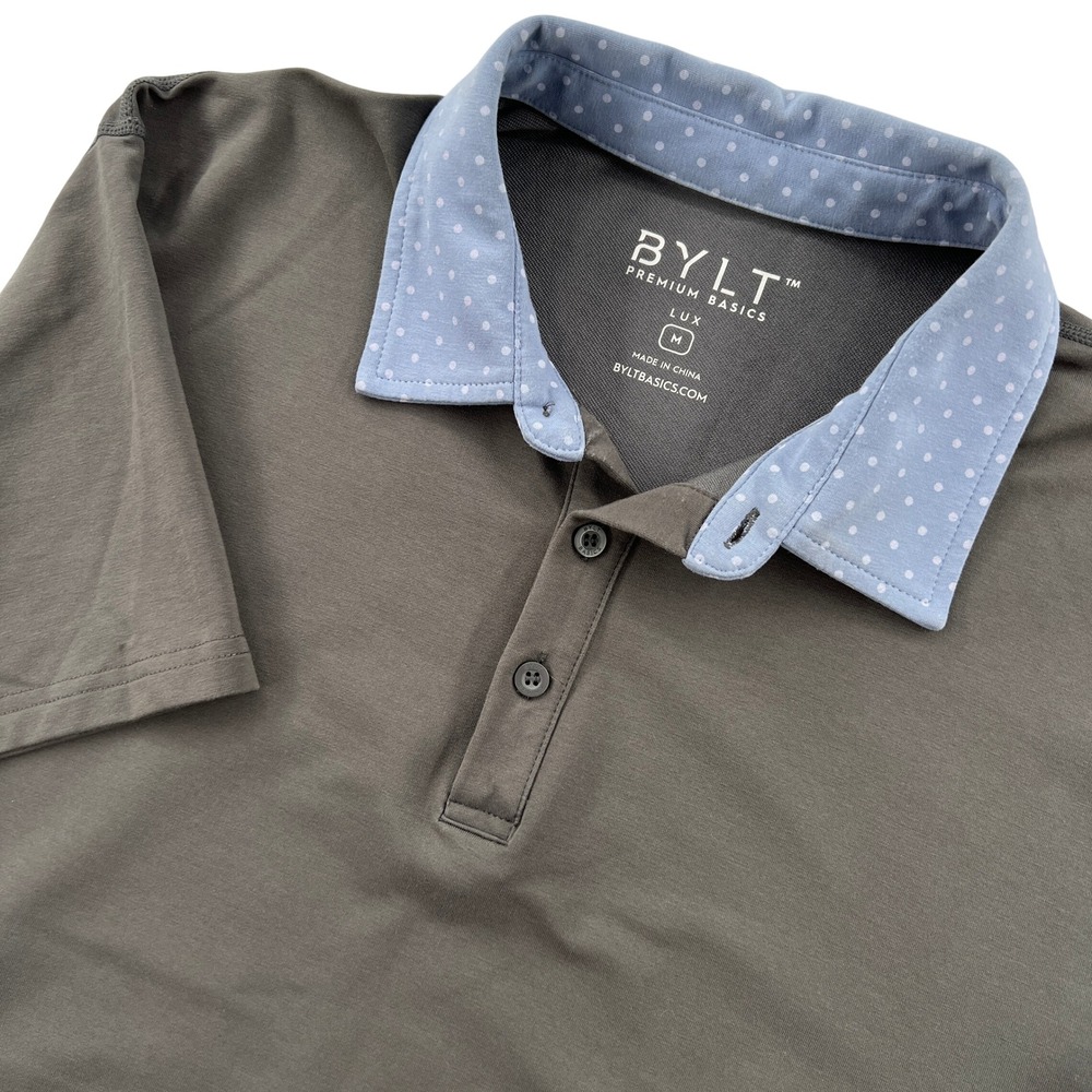 BYLT Premium Basics Lux Polo Men Medium Charcoal Grey Polka Dot Short Sleeve